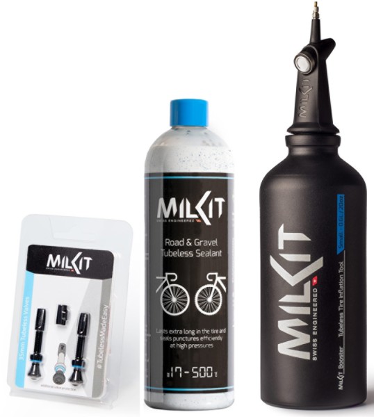 milKit Road/Gravel Tubeless Set, 35mm Ventile, 500ml Road Dichtmilch, 0.6l Tire Booster