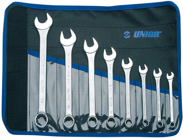 Unior Ring-Gabelschlüssel-Set, Kurze Ausführung in der Rolltasche, 8-22/8