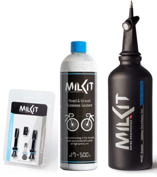 milKit Reifendichtmittel Tubeless Set mit Ventilen, Dichtmilch und Tire Booster